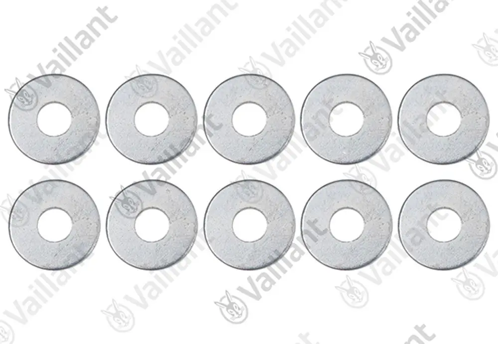 Vaillant Unterlegscheiben, metallisch, in runder Form mit zentrale Bohrung, gruppiert in zwei Reihen zu je fünf Stück.